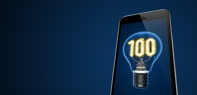smartphone showing a lightbulb with 100 on it